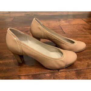 AGL Tan Patent Leather Wooden Block Heels, Size 9.5 (US), 39.5 (EU)